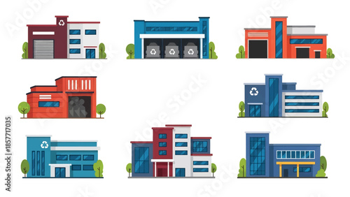 Modern vector illustration set of recycling center buildings in different architectural styles, isolated on white background, solid colors, ideal for environmental graphics