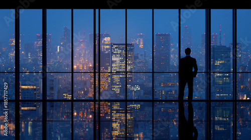 Silhouette of a businessperson looking out a panoramic office window at a city skyline during blue hour, symbolizing corporate vision and ambition.