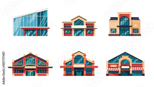 Modern vector illustration set of public market buildings in different architectural styles, isolated on white background, solid colors, ideal for commerce and city life visuals