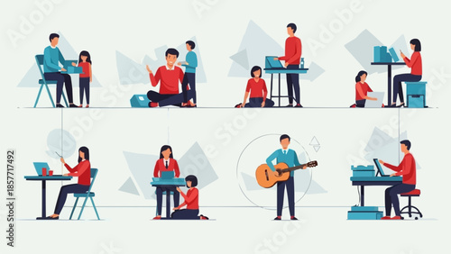 Illustrations of people engaged in various activities and hobbies.