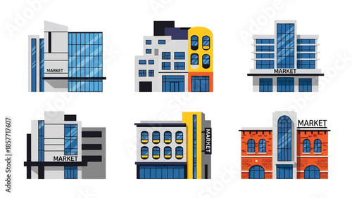 Modern vector illustration set of public market buildings in different architectural styles, isolated on white background, solid colors, ideal for commerce and city life visuals