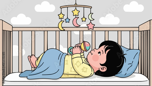 Baby in Crib with Mobile Toy and Rattle.