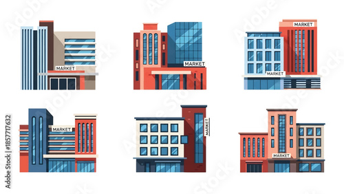 Modern vector illustration set of public market buildings in different architectural styles, isolated on white background, solid colors, ideal for commerce and city life visuals