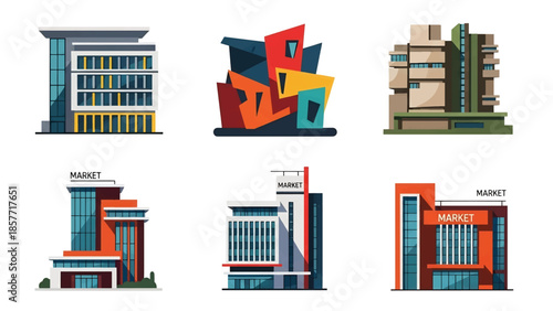 Modern vector illustration set of public market buildings in different architectural styles, isolated on white background, solid colors, ideal for commerce and city life visuals