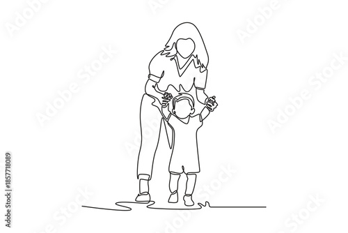 a loving family spending quality time. teaching her baby girl to walk. Growing family life stage concept. Single line draw design. Vector graphic illustration