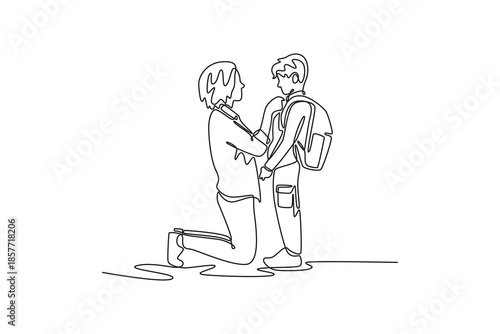 Mother Getting Son Wearing Uniform Ready For First Day Of School. Growing family life stage concept. Single line draw design. Vector graphic illustration