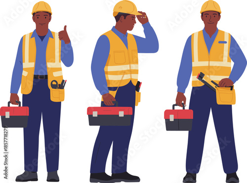 Construction worker character set, professional technician wearing safety vest helmet, holding toolbox, flat vector illustration, industrial labor concept