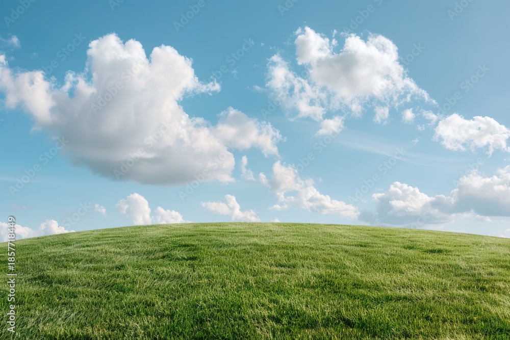 Obraz premium A wide expanse of green grass stretches across the landscape, meeting the horizon beneath a clear sky filled with fluffy white clouds. The scene captures the tranquility of nature