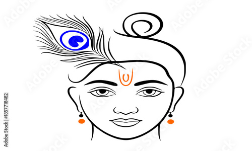 Lord Krishna Face Line Art Illustration with Peacock Feather and Tilak, Minimalist Krishna Portrait Outline Drawing Black and White Vector, Divine Hindu God Krishna with Flute Crown Symbol, Spiritual 