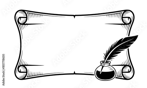 Vintage Scroll Banner with Quill Pen and Inkwell Illustration, Antique Parchment Paper Roll Line Art Drawing, Classic Feather Quill Dipped in Ink Bottle Vector, Old-Fashioned Writing Scroll Frame Desi