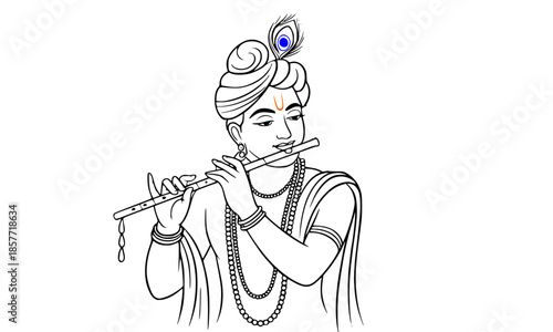 Lord Krishna Playing Flute Line Art Illustration, Black and White Outline Drawing of Hindu God Krishna with Bansuri and Peacock Feather Crown, Traditional Indian Deity Vector Sketch, Spiritual Hinduis