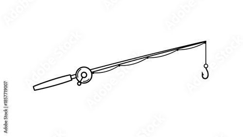 Minimal vector line art of a fishing rod with reel, line, and hook