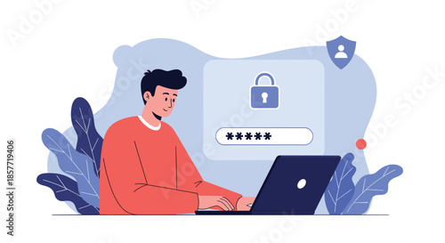 Young man sitting with his laptop and entering a password for secure account login, with a lock and shield icon nearby.