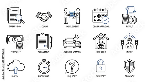Collection of insurance claim icons and symbols.