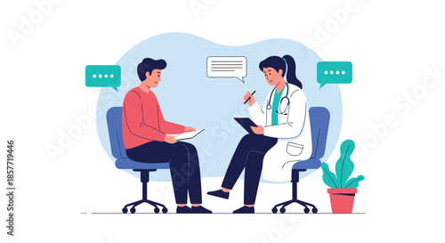 Female doctor or therapist having a consultation with a male patient, listening and taking notes during the appointment.