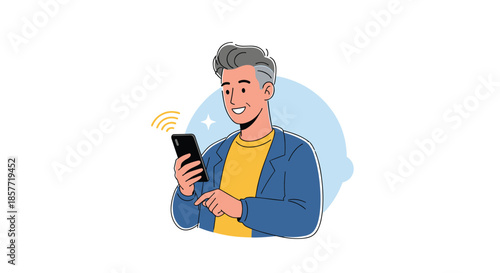 Smiling middle-aged man with grey hair using his smartphone, happily browsing the internet or using a mobile application.
