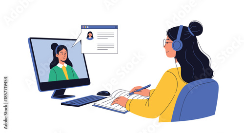 Female student with headphones taking notes in a notebook while attending an online lesson with a teacher on her computer.