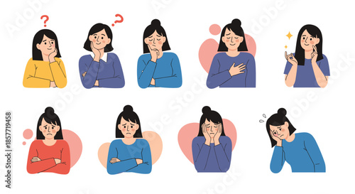 Set of a young woman's portraits showing a wide range of emotions, from confused and sad to happy and relieved.