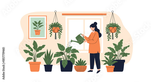 Woman enjoying her hobby of indoor gardening, using a watering can to care for her many beautiful potted houseplants.