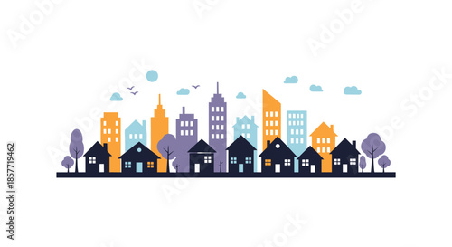 Stylized cityscape illustration with a row of suburban houses in the foreground and a colorful city skyline in the background.