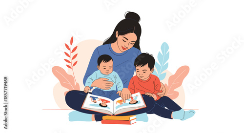 Loving mother sitting on the floor and reading a picture book to her two young children, a toddler and a baby.