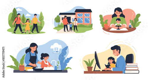 Set of five scenes showing parents spending quality time with their children, including walking, cooking, and reading.