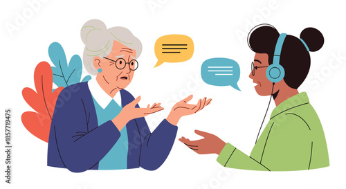 Younger woman with headphones actively listening to an elderly woman who is animatedly talking and sharing her story.