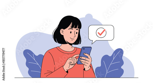 Young woman looking at her smartphone with a satisfied smile as a check mark appears in a speech bubble, confirming a task.