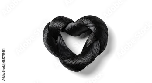 Black braided hair forms a shiny heart shape on white background.