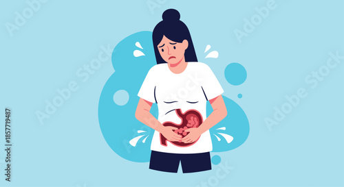 Woman suffering from stomach pain, holding her abdomen which shows an inflamed digestive system, indicating illness or ache.