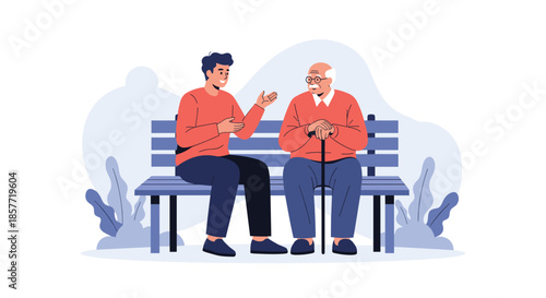 Young man sitting on a park bench and having a friendly conversation with an elderly man who is holding a walking cane.