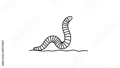 Minimal line art of a striped snake on a curved ground line - black and white vector illustration