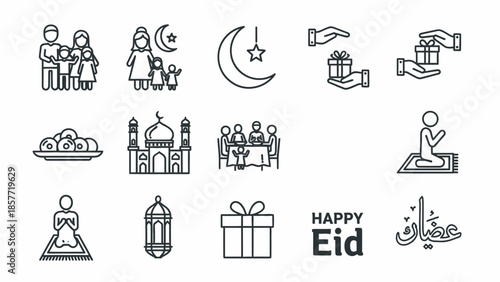 Collection of Islamic holiday icons for Eid celebration.