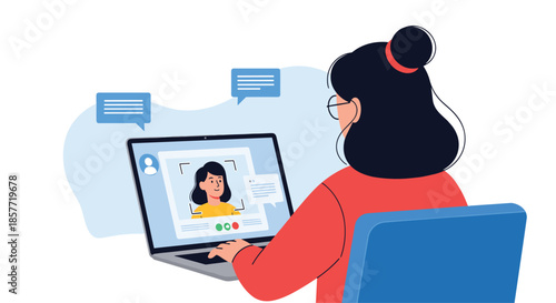 Woman sitting at her desk engaged in a video call on her laptop, communicating with a colleague or friend from her home.