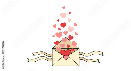 Open envelope with a ribbon and numerous red and pink hearts floating out, symbolizing a romantic love letter or message.