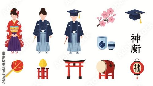 Collection of Japanese cultural symbols and traditional clothing.