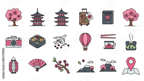 Collection of Japanese travel and culture icons on white background.