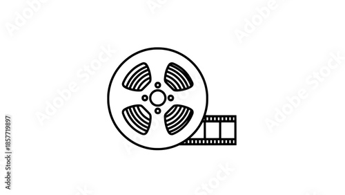 Minimalist line-art film reel with film strip icon, vector illustration