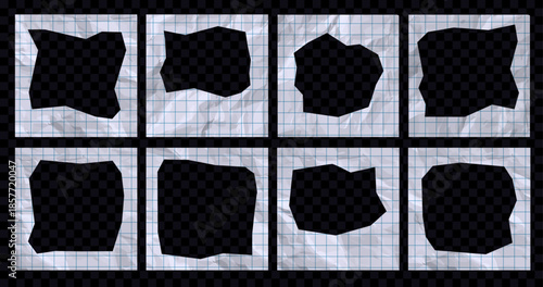 School grid sheet crumpled paper photo frames set. Realistic collage old paper background for creative design, vector decorative elements