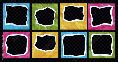 Scrapbook crumpled paper photo frames set. Realistic collage old paper background for creative design, vector decorative elements