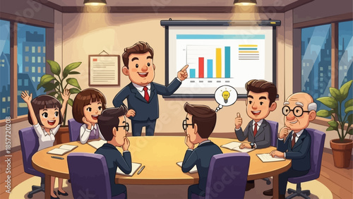 Cartoon Business Meeting with Presentation and Idea Generation.