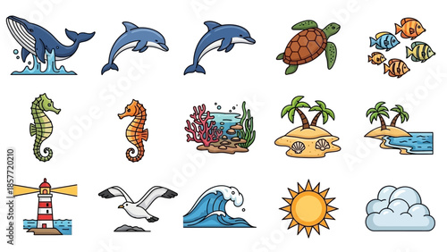 Collection of marine life and beach elements in cartoon style.