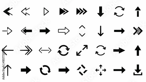 Collection of Black Arrow Icons Pointing in Various Directions.