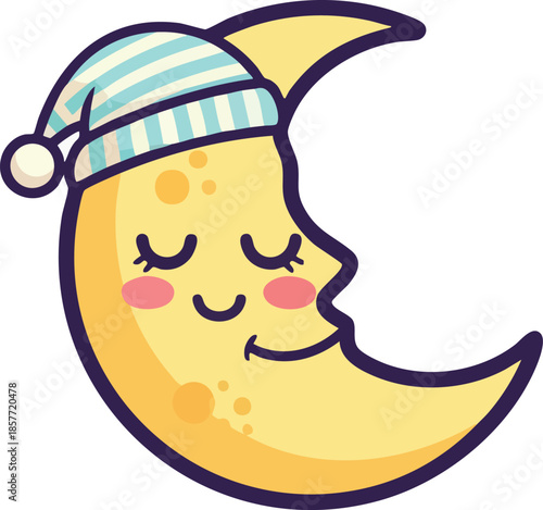 Crescent Moon Character Wearing Nightcap Sleeping.