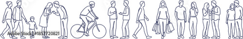 Minimalist continuous line art silhouettes of diverse people walking cycling and shopping for urban lifestyle community and social interaction concepts.