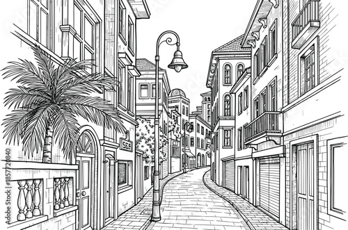 Mediterranean street illustration, black white vector, vintage architecture, winding alley, palm tree, urban scene, historic buildings, travel concept, artistic drawing