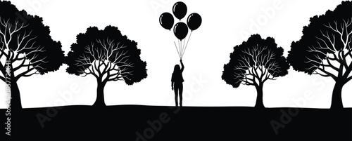 Tree silhouette illustration, person with balloons, black white vector, nature contrast, solitude concept, artistic scene, freedom design, minimal landscape