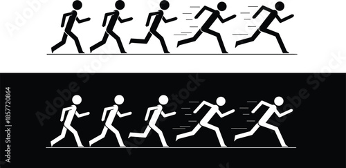 Stick figure running sequence, walking to sprint, motion silhouette, black white vector, athletic movement, speed transition, minimal design, sports concept