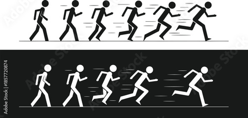 Stick figure motion sequence, walking to running, dynamic silhouette, black white vector, speed transition, athletic movement, minimal design, sports concept illustration