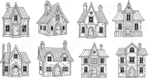 Fantasy house collection, whimsical architecture, fairy tale buildings, medieval village style, black white drawing, storybook homes, detailed line art, vector illustration